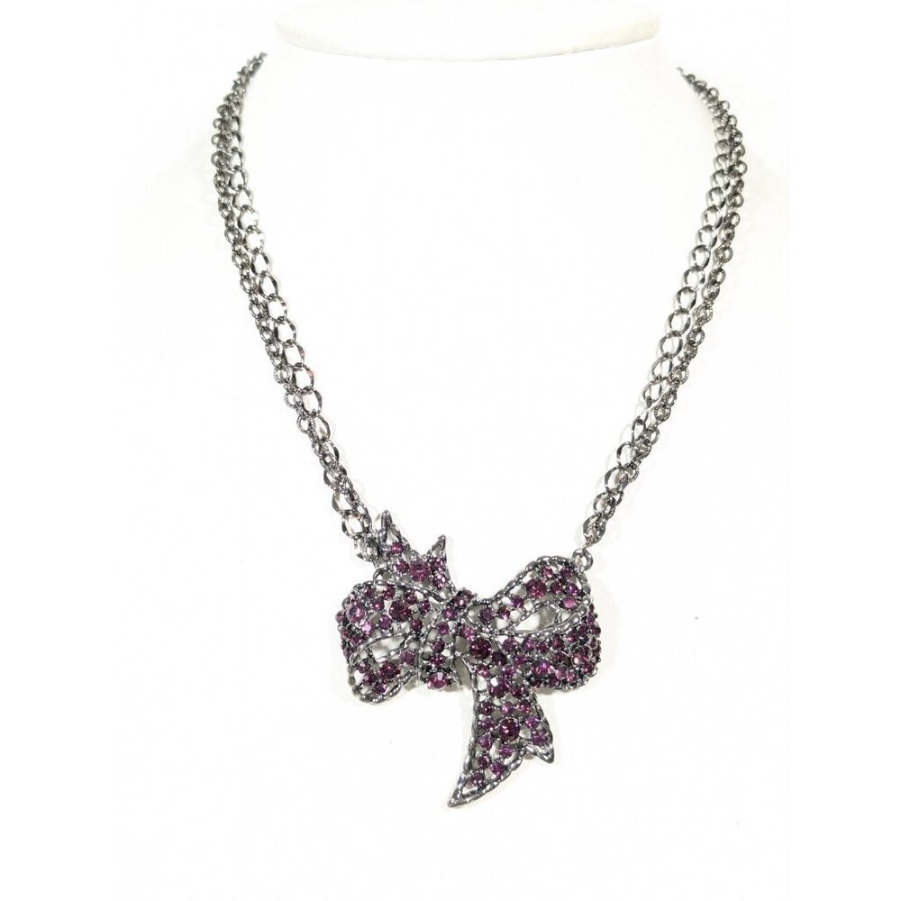 Gray Metallic Purple Rhinestone Pave Ribbon Bow Double Chain Necklace 20 in‎